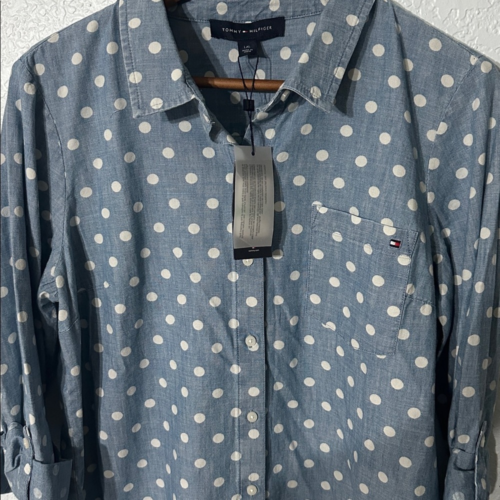 NWT Tommy Hilfiger Casual Denim Blue White Polka Dot Button‎ Down Shirt L $60